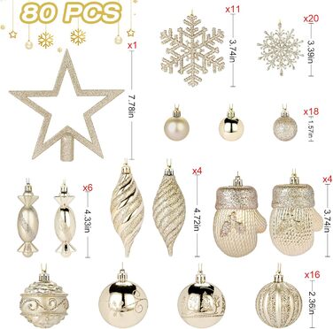 Набір прикрас на ялинку Alupssuc 80 шт. з різних форм, з гачками, для свят, вечірок та весіль, безпечний пластик, колір шампань-золото