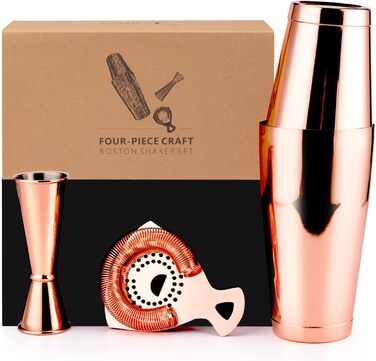 Boston Shaker Set - 4-Piece Cocktail Shaker Kit with 18/28 oz Boston Shaker Stainless Steel, Strainer, and Jigger, in a Stylish Gift Box - Ideal for Home Bar Use. (Rose Gold)