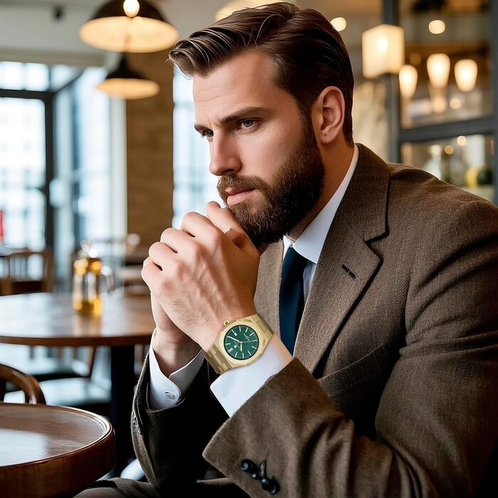 Годинник SAPPHERO для чоловіків: класичні кварцові годинники з нержавіючої сталі, водостійкі 50M, з календарем, зелене циферблат, золотий браслет. Елегантний подарунок для чоловіків.