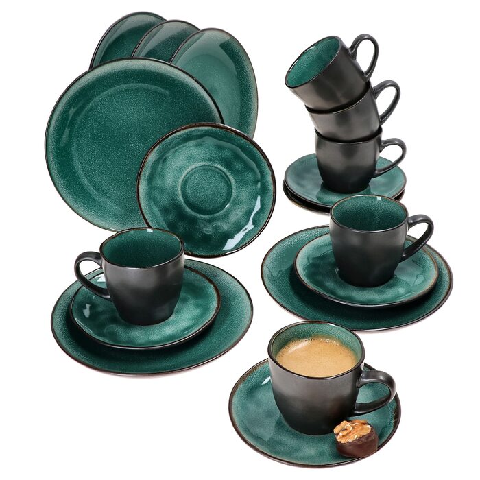 Кавовий сервіс MamboCat Reactive Glaze Green 18 предметів на 6 осіб м'ятного кольору | Столовий посуд з каменної глини з мідним декором