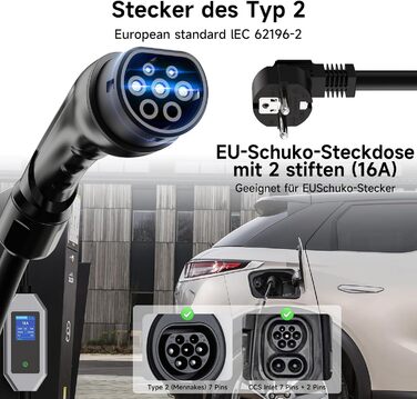 Кабель для зарядки електромобіля Type 2 Schuko 3.6 кВт 6м, з цифровим дисплеєм та таймером, 6-16A, однофазний KS9-3.6kW
