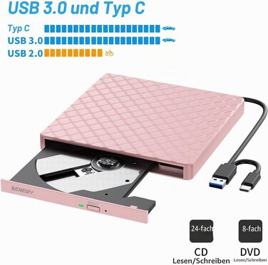 Зовнішній DVD-привід USB 3.0 та USB-C, CD/DVD гравір для ноутбука та ПК (Windows, Mac OS, Linux), Рожевий