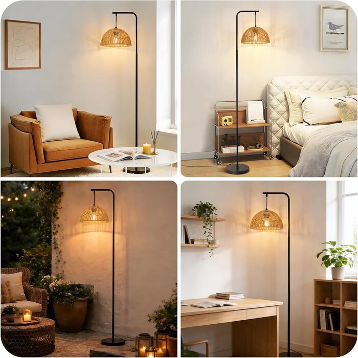 Торшер Rattan Boho - Стильний торшер для вітальні, спальні, тераси, офісу E27 164 см, чорний, з ніжкою-вимикачем