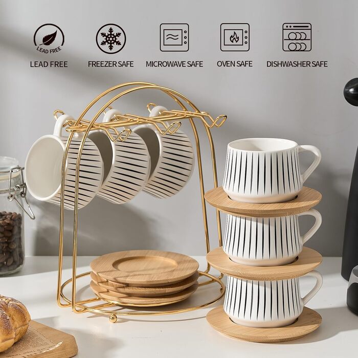 Набір порцелянових чашок для еспресо та кави Лука (6 шт.) з металевим підставкою, 118 мл, смугастий дизайн, білий та чорний