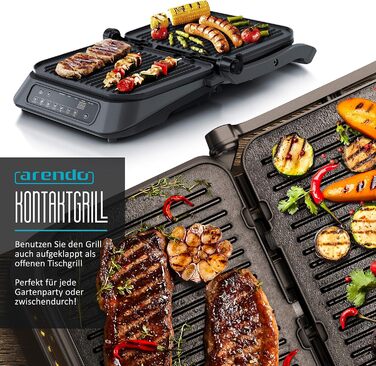 Arendo Electric Grill - Contact Grill, Tabletop Grill & Sandwich Maker with Digital Control - 1900W, 7 Programs, Removable Plates, Stainless Steel