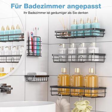 Поличка для душу без свердління, 5 шт. Органайзер для ванної кімнати, кутова поличка для душу з гачками, самоклеюча поличка для ванної та кухні (Чорний)