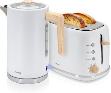 Тостер Briebe Nordic Set з широкими слотами та підставою для бургерів, 6 режимів підсмажування + Електричний чайник 1,7л, 2200W, BPA-free, Набір для сніданку, Скандинавський дизайн (Білий)
