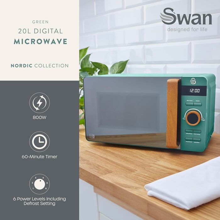 Мікрохвильова піч Swan Nordic SM22036LGREN 20 л з LED-дисплеєм, 6 режимів, зелена, 800 Вт