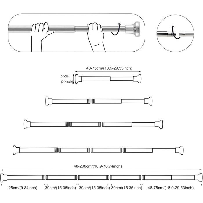 Телескопічна штанга для карнизів 60-130 см, висувна, з нержавіючої сталі, для штори, шафи, ванної кімнати, вікна або дверей (48-200 см, білий)