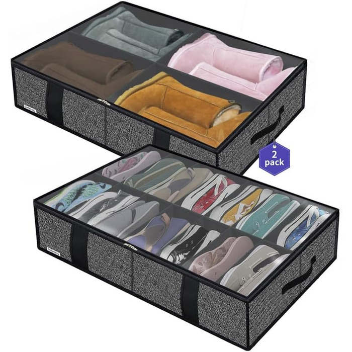 Підліжкова комода для взуття Homyfort 2 шт. з прозорим кришкою - органайзер для взуття. Містка коробка для зберігання взуття з 14 + 4 відділеннями, сірий льон, XDUBS14S4 (Чорний, XL)