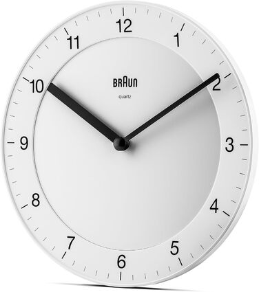 Braun Classic analog wall clock with a quiet quartz movement, easy-to-read dial with a 20 cm diameter in white, model BC06W.