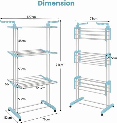 Стійка для сушіння білизни HOMASIS з 4 рівнями, розкладна, з колесами та бічними крилами, 127x63x171см, блакитна, вантажопідйомність 30 кг