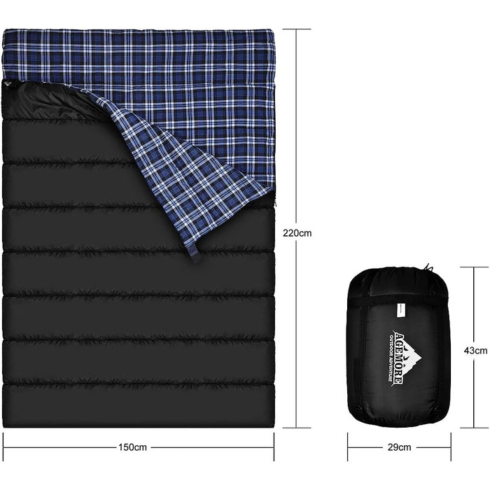 Cotton Flannel Double Sleeping Bag for Camping, Hiking, and Backpacking - Queen Size 2 Person Waterproof Sleeping Bag for Adults & Teens - Lightweight Black/Blue