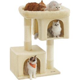 Feandrea Cat Tree, 84 cm Cat Tree, L, Cat House for Large Cats up to 7 kg, Large Platform, 2 Cat Caves, Sisal Posts, PCT61W (XL (68 x 48 x 101 cm), Beige)