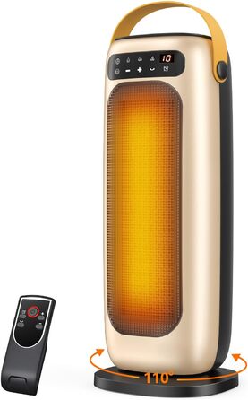 Електричний обігрівач PTC керамічний 1500W з пультом керування, 4 режими, осциляція 110°, таймер 1-10 год, захист від перегріву та перекидання. Компактний обігрівач для дому, золото.