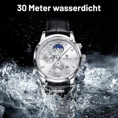 Годинник чоловічий LIGE Retro з шкіряним ремінцем, 3ATM, водостійкий, аналоговий, з датою, місячними фазами (чорний / білий)