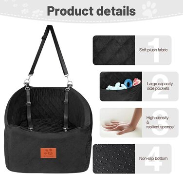 Автокрісло для собак HEGGOOE, чорне, для малих та середніх порід, з memory foam, знімний, з кишенями та страхувальними ременями