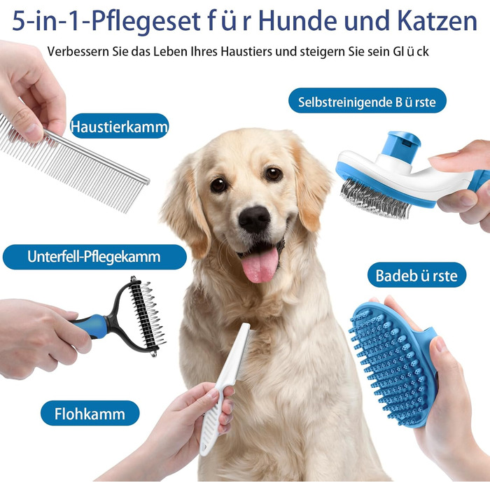 Набір щіток для собак, 5 шт. для грумінгу, самоочищувані, для великих та середніх собак, котів та дрібних тварин, для довгої та короткої шерсті, зменшує випадання шерсті, блакитний