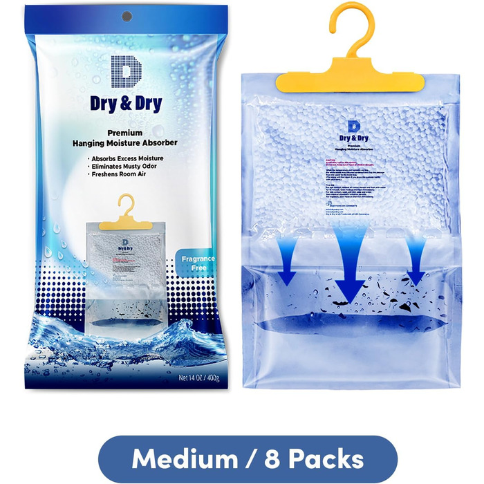 Dry & 8 Pack [Net 14 oz/Pack] Premium Hanging Moisture Absorbers to Control Excess Moisture for Basements, Closets, Bathrooms, Laundry Rooms. Ultra strong