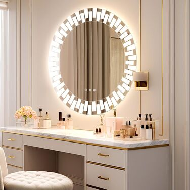 Круглий дзеркало для ванної кімнати YOLEO з підсвічуванням, 60 см, сенсорне керування, захисне скло, 3 кольори світла, регулювання яскравості, 80x80 см