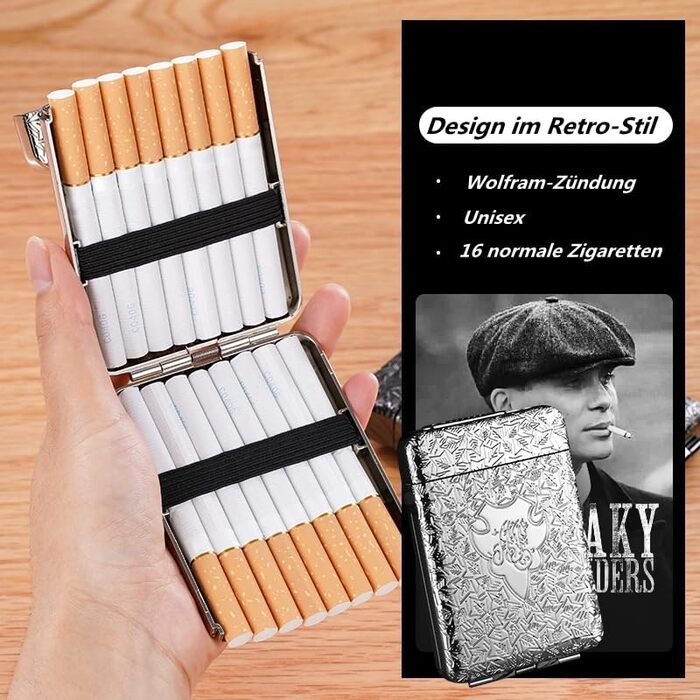 Cigarette case with lighter, cigarette box, electronic integrated flameless lighter, rechargeable, 16 pieces, 84mm King Size cigarettes, cigarette box, retro bronze