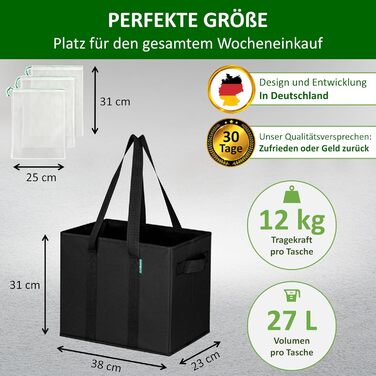 Large Foldable Shopping Bags 3-Pack & Fruit Net – Sturdy Large Foldable Shopping Basket with Reinforced Bottom – Ideal Shopping Bag for Shopping Carts & Trunk – 80 L Black