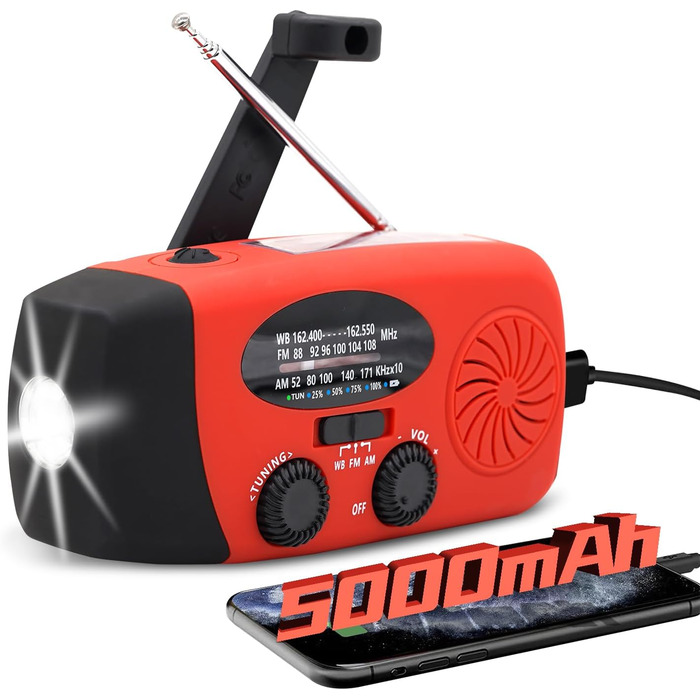 Радіо NOAA iRonsnow 5000 mAh для надзвичайних ситуацій: FM/AM, ручний привід, сонячне, з SOS, LED-ліхтарик, зарядка для телефону, кемпінг, виживання (чорний)