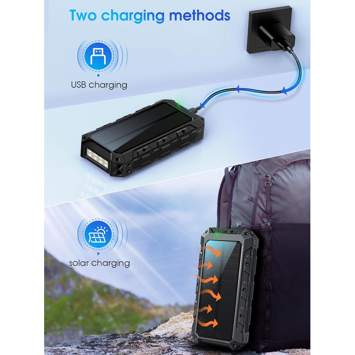 Портативний акумулятор 52800mAh з сонячною панеллю, 30W, з LED-ліхтариком та 7 виходами, чорний