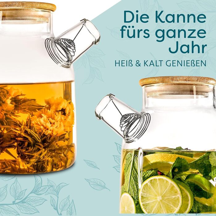 Чайник зі скла 1,5 літра з дерев'яним кришкою та фільтром - для гарячих та холодних напоїв - придатний для миття в посудомийній машині - стійкий до холоду та тепла - ідеальний для літа та зими