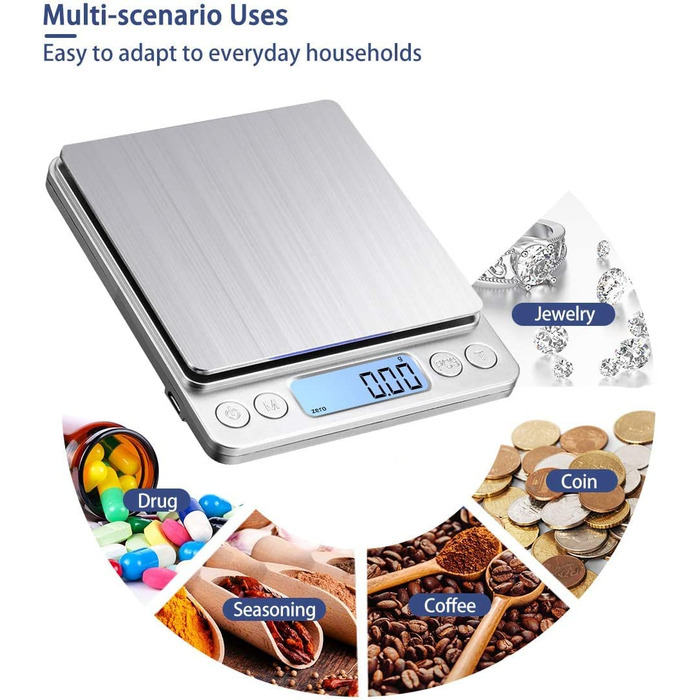 Кухонні ваги 3000г з LCD-дисплеєм та функцією тарування, для їжі та ювелірних виробів, з нержавіючої сталі