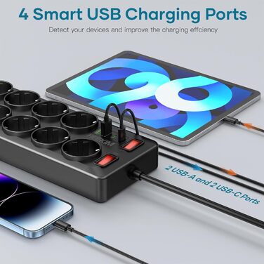 Многорозеткова панель з USB, 11 розеток, з вимикачем, 2 USB-A та 2 USB-C порти, 4000W, 16A, 2 вимикачі, 2м кабель (чорний)