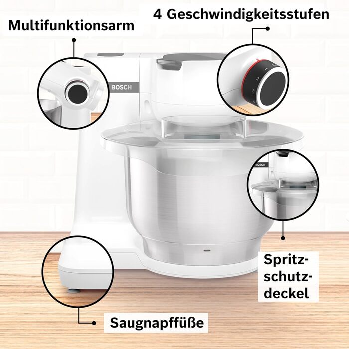 Bosch Kitchen Machine Series 2 MUMS2EW00, 3.8 L Stainless Steel Bowl, Planetary Mixing System, Dough Hook, Beaters and Whisk (Stainless Steel), 4 Speed Settings, Expandable with Optional Accessories, 700W, White