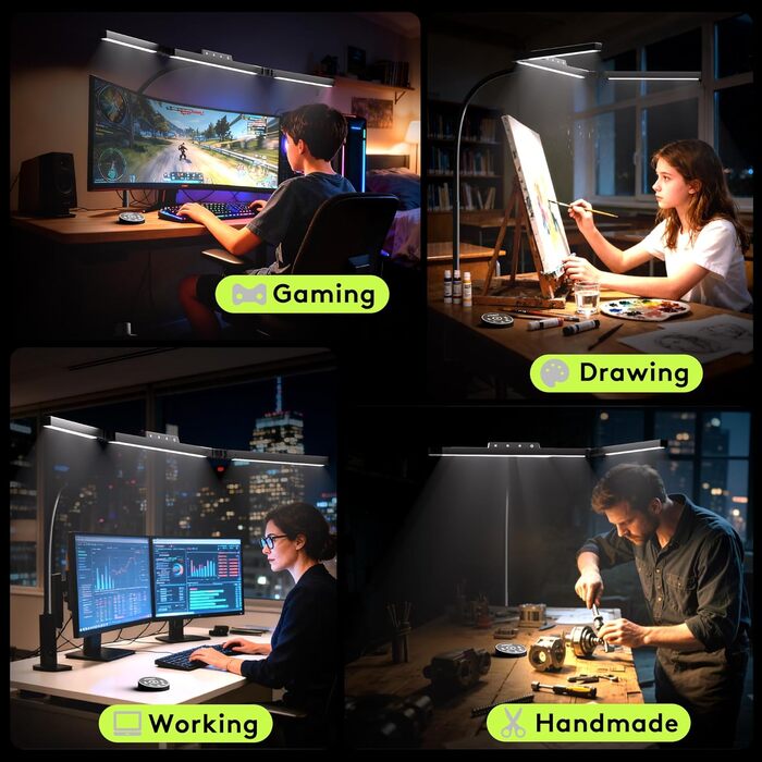 Настільна лампа для робочого столу з 3 джерелами світла, 24W, 100см, денне світло, з пультом дистанційного керування, регульована яскравість, лампа для монітора, модель «Лебідь», матовий чорний колір