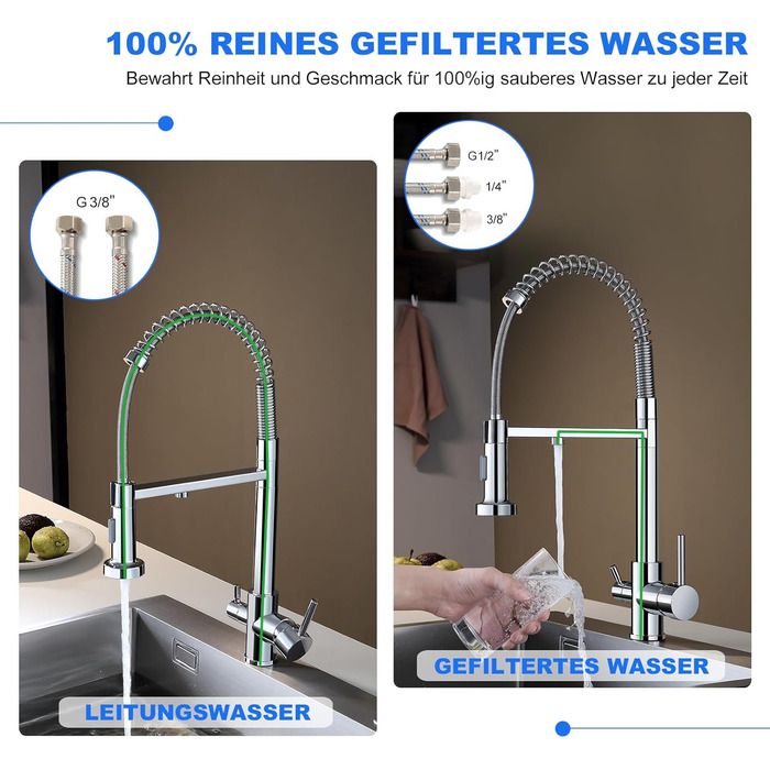 3-х шляхова кухонна змішувач з поворотним виливом 360°, 2 функції (душ, аератор), 3-в-1, з фільтром, з міді та нержавіючої сталі, з гнучкою насадкою для душу, хром