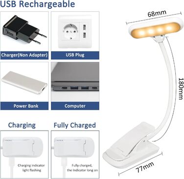 LED лампа для читання з кліпсою, USB, 9 світлодіодів, 3 режими температури кольору (теплий/холодний/природний), регульована яскравість, 1.8W, для читання в ліжку, комп'ютер