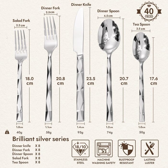 Набір столових приборів HIKAA на 6 осіб, нержавіюча сталь 18/10 з діамантовим шліфуванням - для дому, весілля, вечірок. Полірований, можна мити в посудомийній машині