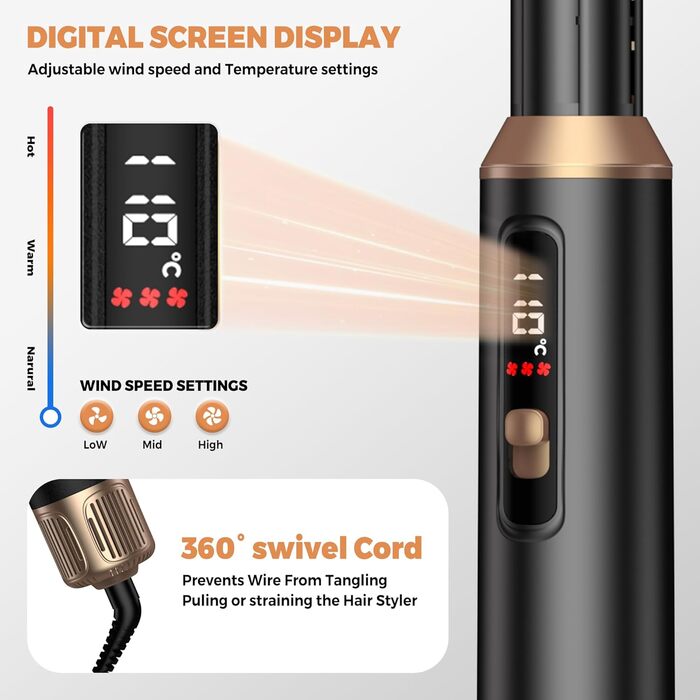 OKWRAP Haarstyler 5-в-1: Airbrush з LCD, Набір для укладки волосся, Фен з насадками, Випрямляч, Локони, Чорний