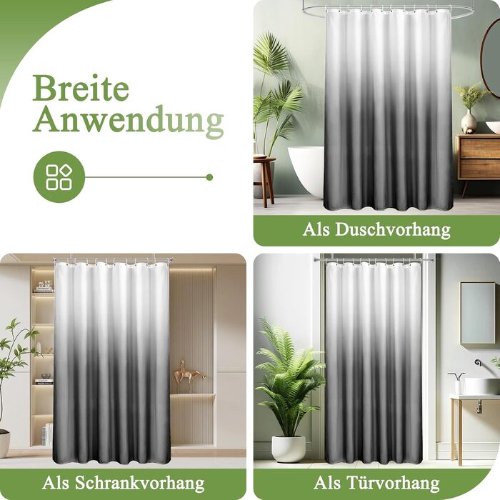 Шторка для душу AooHome 180x200 см, текстиль, градієнт кольору, водонепроникна, антигрибкова, з 12 кільцями (білий/чорний), H200 x B190 см (1 шт.)