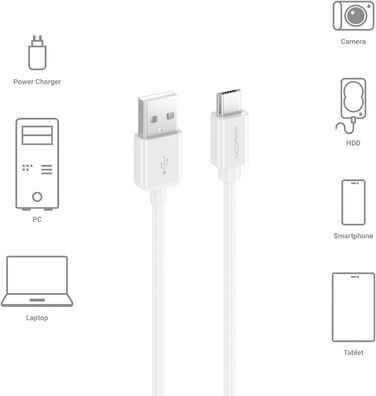 Кабель Micro USB deleyCON 0.15м для Android, смартфонів, планшетів, MP3 плеєрів, камер - білий (5м)