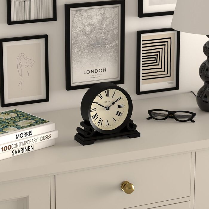 JONES CLOCKS® Saloon Table Clock | Traditional Double-Scroll Design | Black | Roman Numerals | Classic Style for Desk, Table, Shelf, or Nightstand.