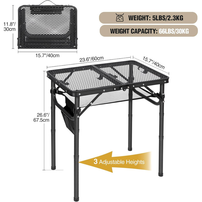 Складний стіл для кемпінгу REDCAMP 60x40 см для пікніка, BBQ, приготування їжі - легкий, алюмінієвий, з регульованими ніжками, чорний