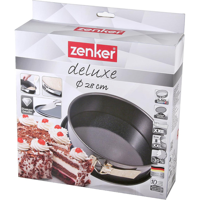 Zenker Springform Ø 28 cm DELUXE, Spring pan with enamel-sealed flat bottom and steel drip guard, round cake pan with extra-high rim (Color: Metallic Black), Quantity: 1 piece