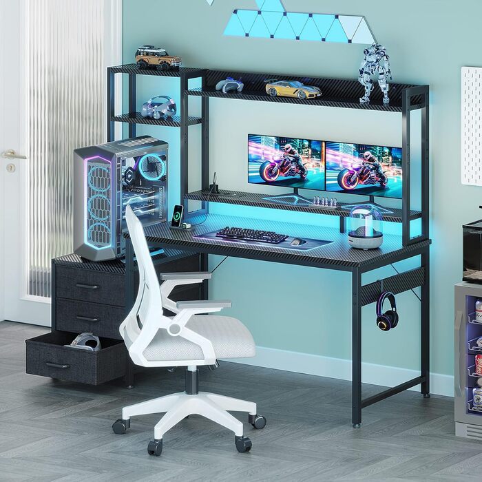 Ігровий стіл Coleshome з полицею та шухлядами, 137×48 см. Стіл для геймінгу з LED-підсвічуванням та розеткою, комп'ютерний стіл з місцями для зберігання та підставкою для монітора (Carbon Fiber Black, 120×48 см)
