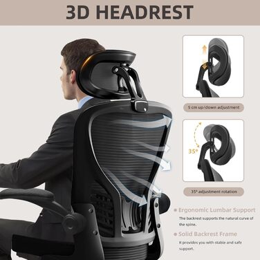 Ергономічне крісло для офісу та дому з підтримкою попереку та регульованою підголівником, велике сидіння