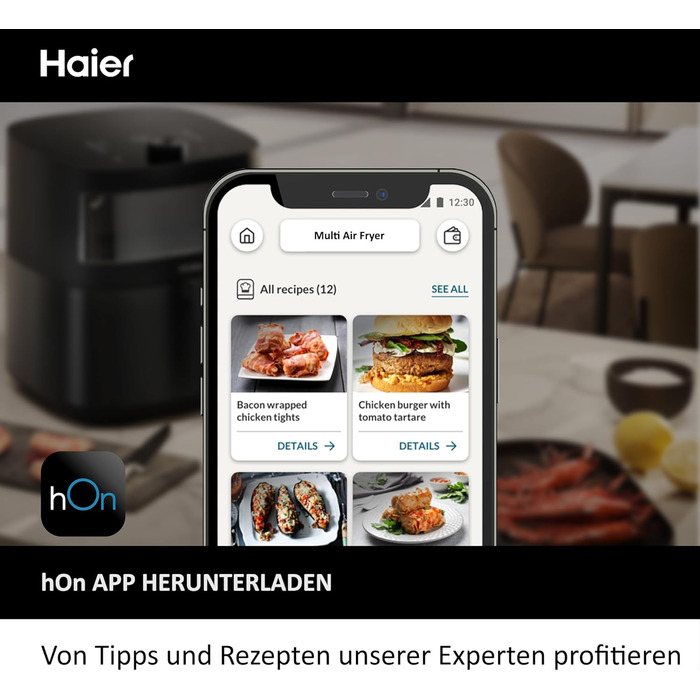 Аерофритюрниця Haier 7 л з вікном, 9 програм, 1700 Вт, LED-дисплей, без олії, для здорового приготування, серія 5 HAF5TWA3, посудомийна, з аксесуарами