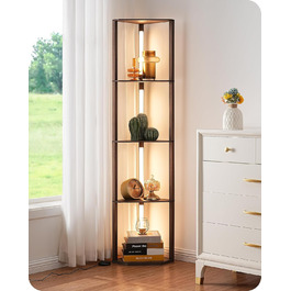 LED торшер EDISHINE з 4 полицями з дерева, торшер для вітальні, регульоване освітлення, 3 колірні температури, поворотний світловий стержень, підсвічування полиць, футовим вимикачем (темно-горіховий)