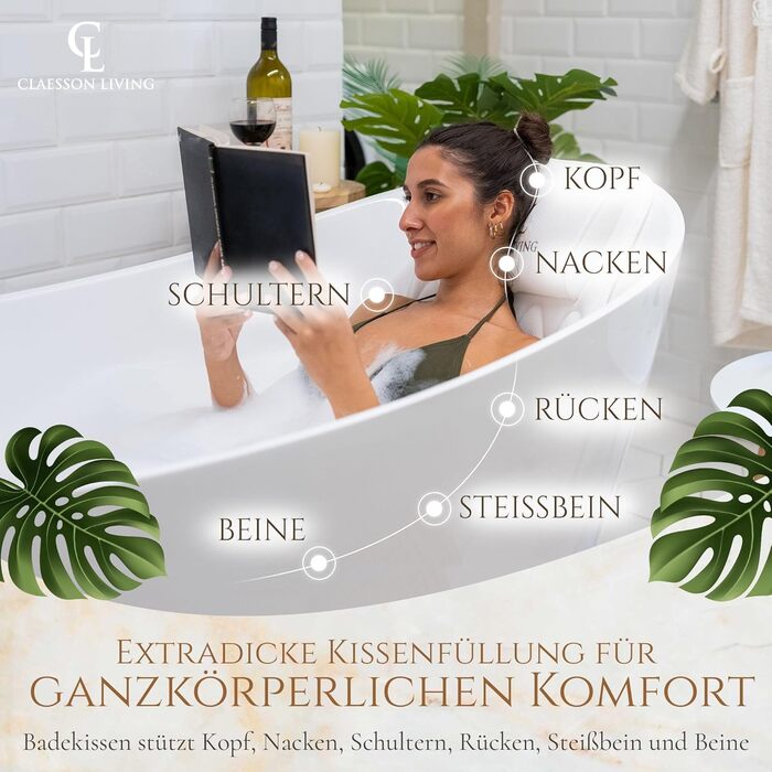Bathtub Pillow Full Body Bath Pillow (125x43cm) - Bathtub Mat with Headrest Supports Neck, Back, and Legs - With Wash and Travel Bag and Hanging Hooks for Quick Drying - White