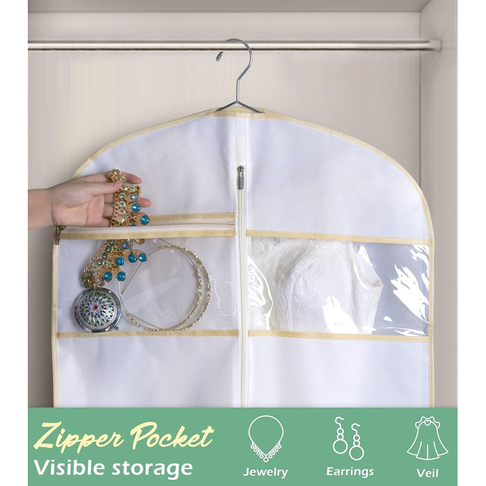 Чохол для вечірньої сукні MISSLO, 177см, дихаючий, з кишенями, для подорожей, білий. Підходить для весільних та довгих суконь, костюмів.