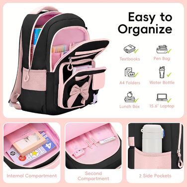 Шкільний рюкзак для дівчинки 3 в 1: рюкзак, ланч-бокс, пенал. Kawaii дизайн, 3-7 клас, антикрадійний, 24L (рожево-чорний)