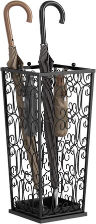 AcornFort Large Black Metal Umbrella Stand with 4 Hooks - Entryway, Office, Hallway Storage - Water Resistant Base (56x25x25cm)